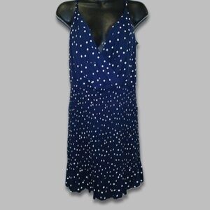 Row A Mini Dress Polka Dot Surplice Smocked V-Neck Ruffled Navy/White Large NWT